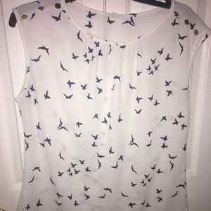 Sheer White Blouse w/ Navy Blue Birds
